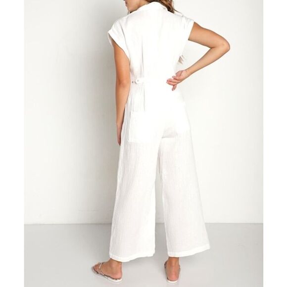 L Space Stacie Jumpsuit Cream Cotton Breezy Beach Wide Leg Vacation L NWT - Picture 2 of 14